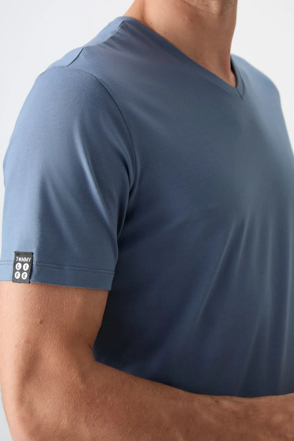 basic kisa kol standart kalip v yaka erkek t-shirt - 87912