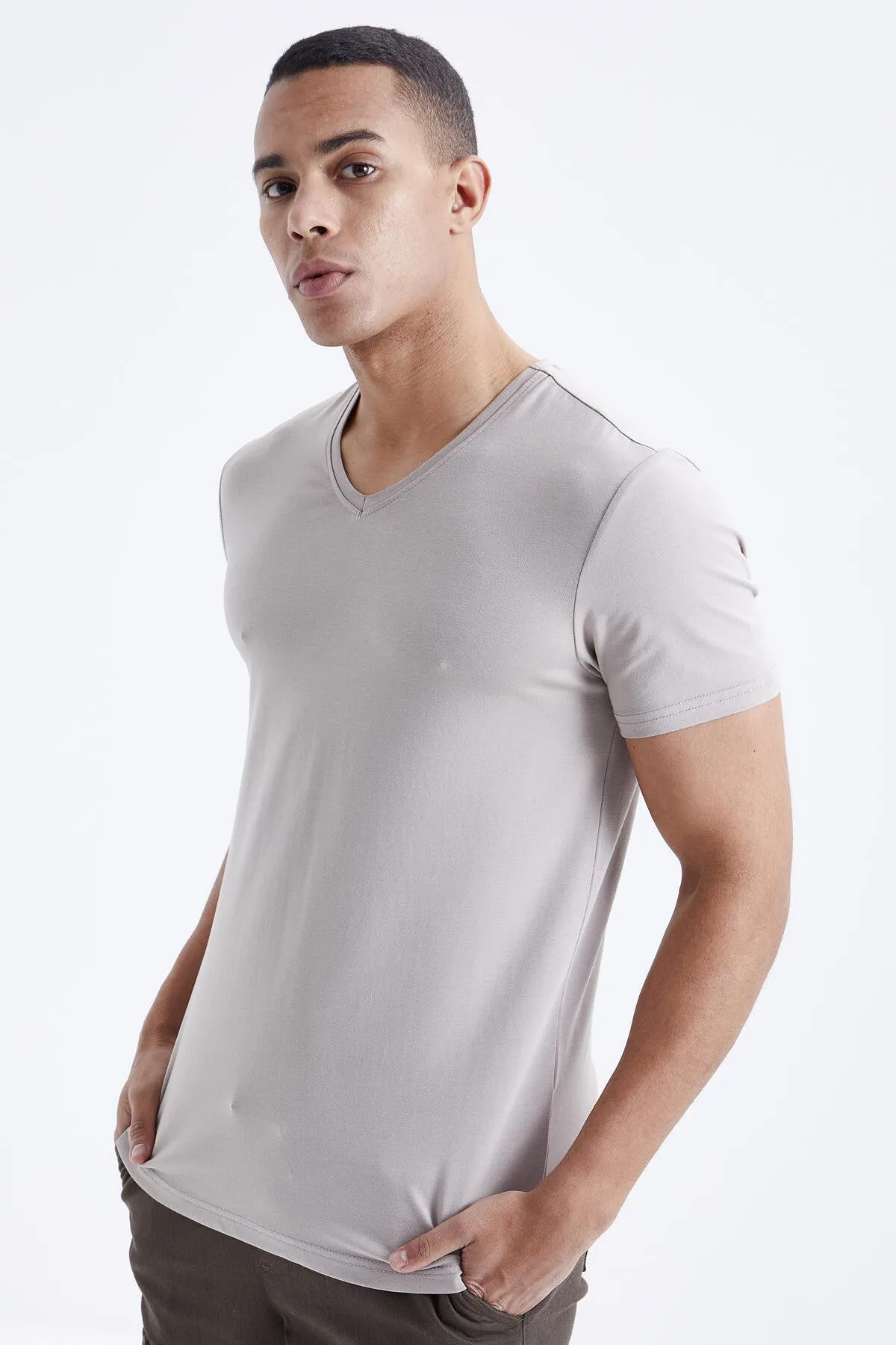 basic kisa kol standart kalip v yaka erkek t-shirt - 87912