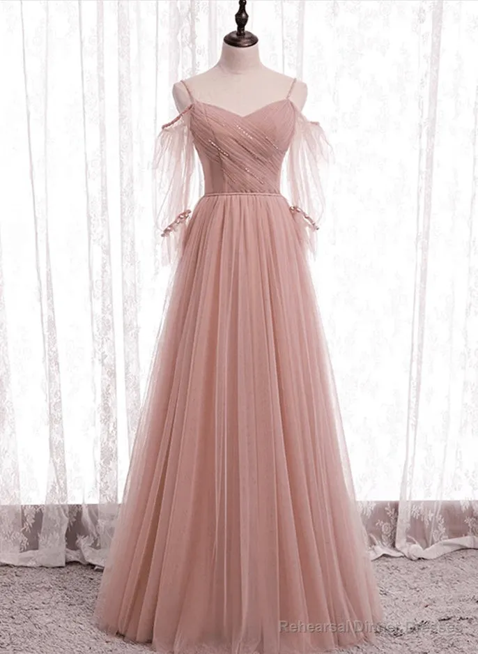 Pink Tulle Simple A-line Long Wedding Party Dresses Pink Formal Dresses prom dresses shops